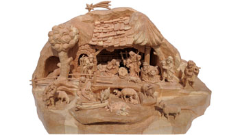 Crib with hand-carved figures (pinewood)